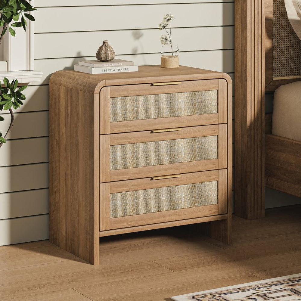 English Elm Rattan Drawer Nightstand Set with Built-in Charging Station and Open Shelf Bedroom Storage Caramel W1820P410559
