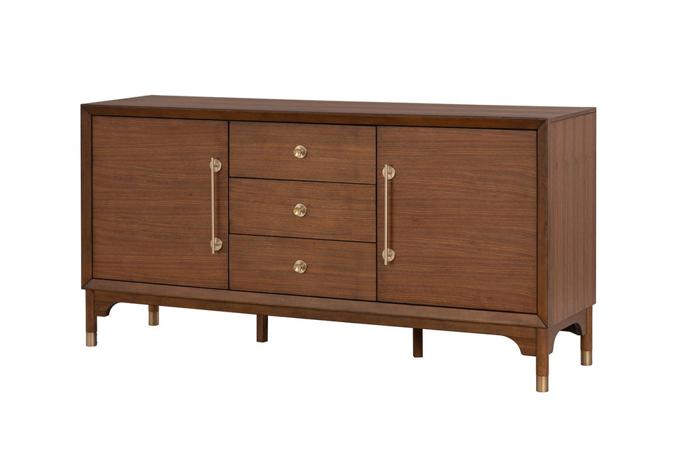 English Elm 1pc Mid-century Walnut Veneer Dining Server with Gold Legs and Bar Pull Hardware B2741P446683