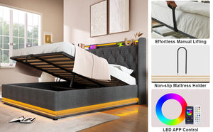 English Elm King Upholstered Bed with Surround LED, App/Remote Control, Hydraulic Storage, USB Type-C Charging Gray N736P188808G