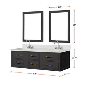 English Elm Black Double Bath Vanity Set With White Quartz Top, Chrome Faucets & 28" Matching Mirrors - Modern Elegance B2731S01825