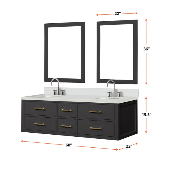 English Elm Black Double Bath Vanity Set With White Quartz Top, Chrome Faucets & 28" Matching Mirrors - Modern Elegance B2731S01825