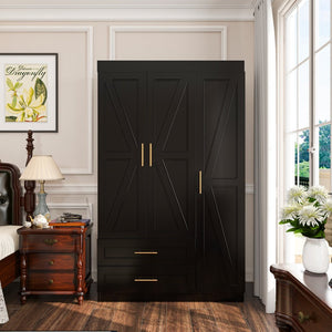 English Elm Shaker Three Door Wardrobe Armoire with Hanging Rod and Shelves for Bedroom Black T3210S00006