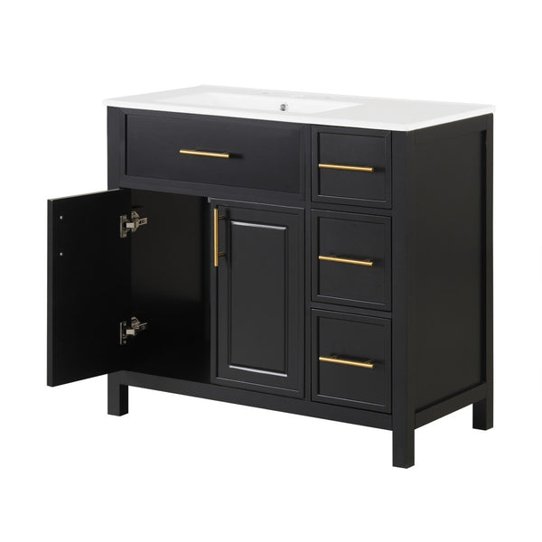 English Elm 36" Matte Freestanding Bathroom Vanity Solid Wood Cabinet Ceramic Sink Three Drawers Black N725P364205B