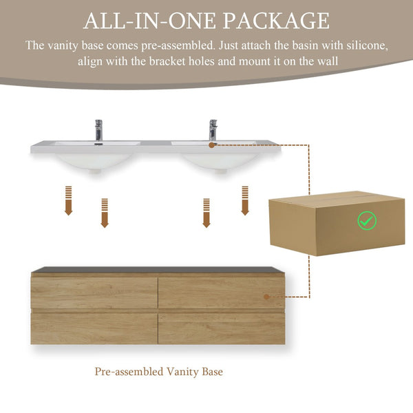 English Elm 72" Floating Double Sink Vanity Wall Mounted Ash Grey with Soft Close Drawers W1573P152708