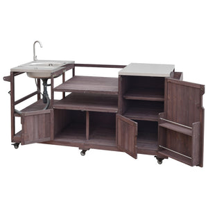 English Elm K&k Solid Fir Outdoor Kitchen Island with Sink Stainless Steel Top and Grill Cutout Brown N707S000022Z