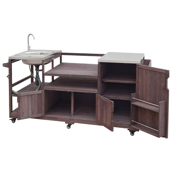 English Elm K&k Solid Fir Outdoor Kitchen Island with Sink Stainless Steel Top and Grill Cutout Brown N707S000022Z