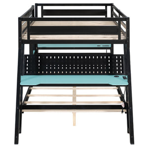 English Elm Full Size Gaming Bunk Bed with Dual Desks Usb Charging Ports and Pegboard Storage Blue LT000274AAC