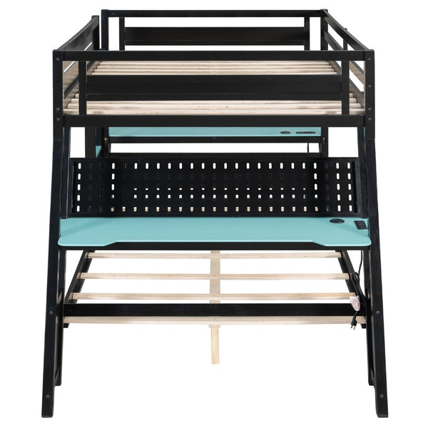 English Elm Full Size Gaming Bunk Bed with Dual Desks Usb Charging Ports and Pegboard Storage Blue LT000274AAC