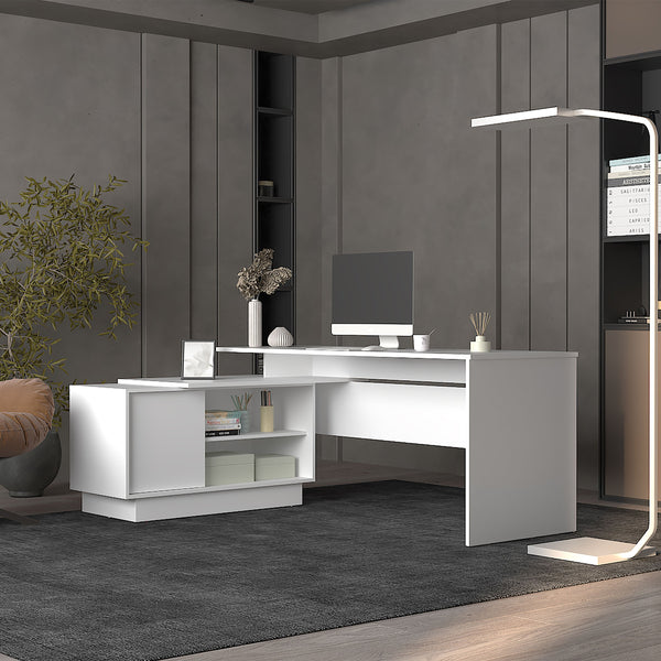 English Elm Emery L-Shaped 70" Corner Desk White – Spacious 70.5" Workstation with Cabinet, Shelves, Stylish Fit B200S00274