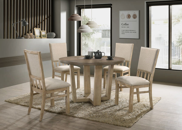 English Elm Baldo Round Oak Veneer Dining Set Seats Four with Wheat Upholstered Farmhouse Chairs B2749S00283
