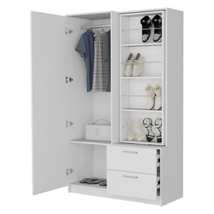 English Elm White Armoire Wardrobe: Stylish Open Storage, 2 Drawers & Built-In Mirror For Modern Bedrooms B062S01282-GIGA