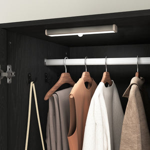 English Elm 2 Door Wardrobe Closet with Full Length Mirror Motion Light Hanging Rod and Drawers Black W409P266778