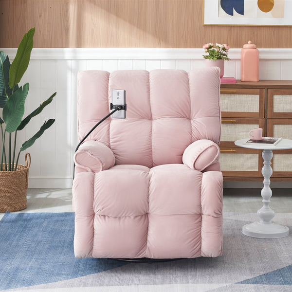 English Elm Single Teddy Upholstered Recliner Chair with Solid Wood Frame, Sponge Cushions & Phone Stand, Adjustable Back to 150° Pink W1278P212866