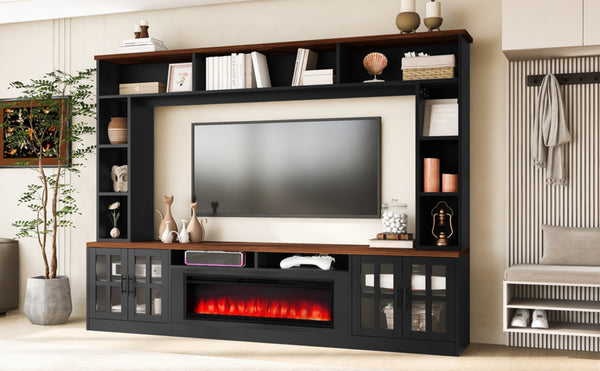 English Elm U-can Modern Farmhouse Wall Unit with Electric Fireplace Bookshelves and Glass Cabinet Doors Black+Brown SJ000153AAAB