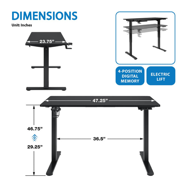 OSP Home Furnishings Primo Electric Standing Desk with Led Lighting Steel Frame and Built-in Cable Management PMO4824GD-BCF