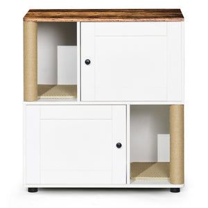English Elm Double Cat Litter Enclosure Cabinet for Two Cats with Scratching Post, Dual Tray Storage, White Vintage W1687P221394