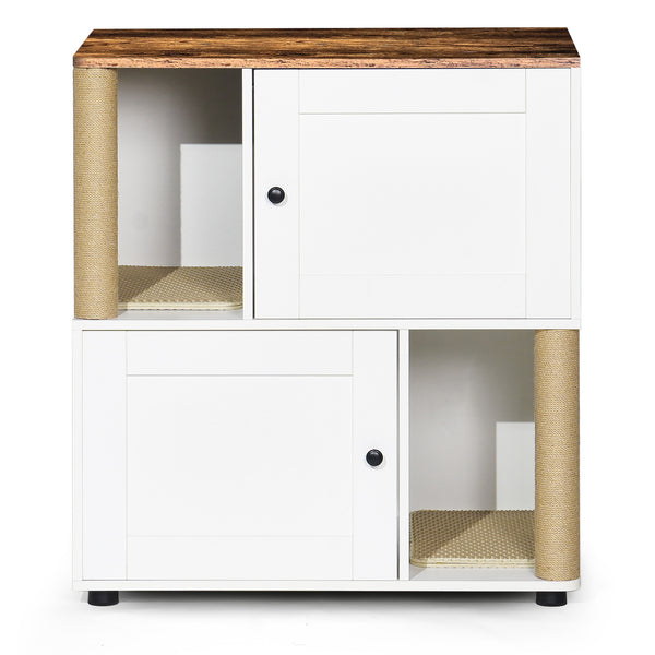 English Elm Double Cat Litter Enclosure Cabinet for Two Cats with Scratching Post, Dual Tray Storage, White Vintage W1687P221394