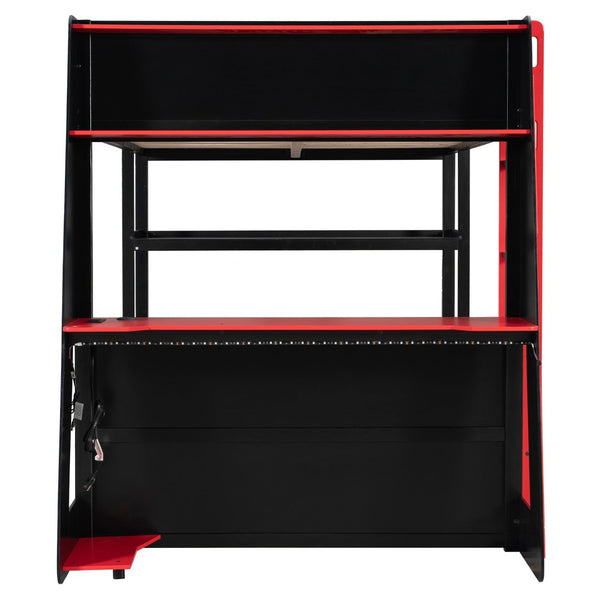 English Elm Full Size Gaming Loft Bed with Led Lighting Desk Shelves and Usb Charging Ports Black+Red N820S00076J