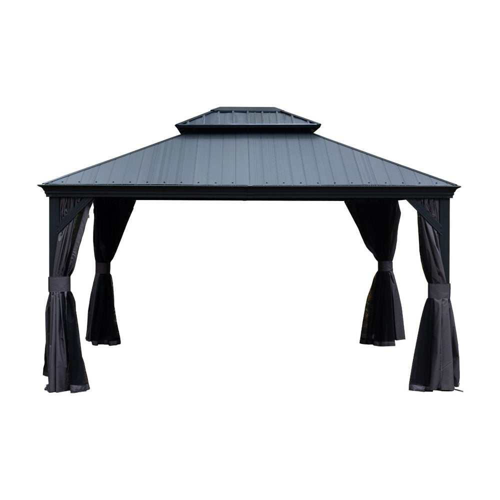 English Elm 10x12ft Lean to Hardtop Gazebo Wall Mounted Steel Roof Shelter for Deck Patio W1859S00182