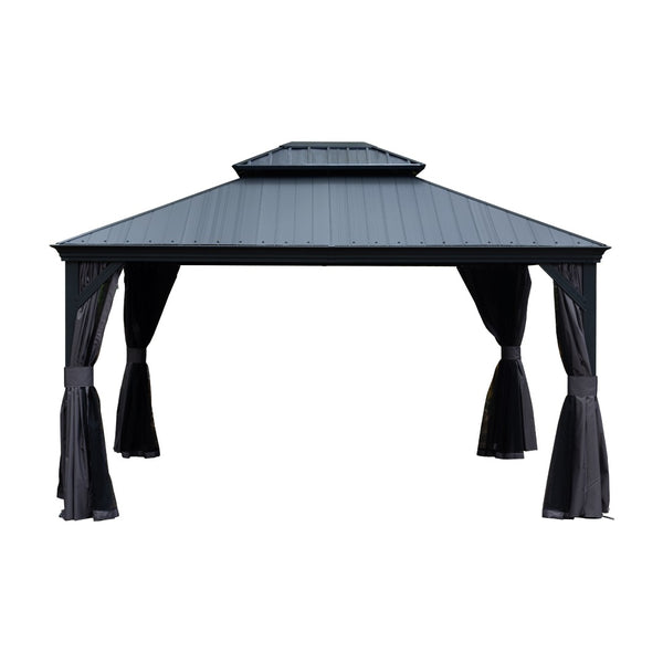 English Elm 10x12ft Lean to Hardtop Gazebo Wall Mounted Steel Roof Shelter for Deck Patio W1859S00182