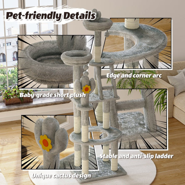 English Elm 72in Cactus Cat Tower Sisal Posts Plush Perches Capsule Pod Multi-level Climb Gray W1578P447629