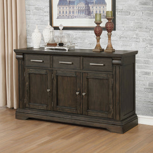 English Elm Contemporary Rustic Server with Solid Wood Accents, Molded Details and Functional Storage Drawers for Dining Room Furniture Espresso,Warm Grey 63 L x 22 W x 41 H B2741P309204