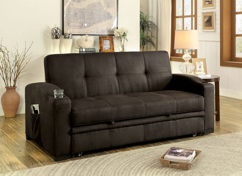 English Elm Transitional Futon Sofa with Pull-Out Trundle, Button Tufted Brown Upholstery, Cup Holders & Pockets B2741S00486