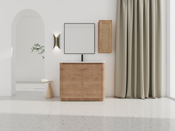 English Elm 40'' Freestanding Bathroom Vanity With Ceramic Sink, Soft-Close Doors & Side Cabinet For Stylish Storage W999S00404