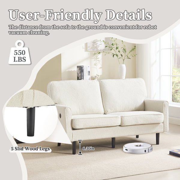 English Elm Loveseat Modern Mid-Century 2-Seater with USB Type-C Charging, Removable Zippered Covers, Sturdy Wood Legs Beige W395P238823
