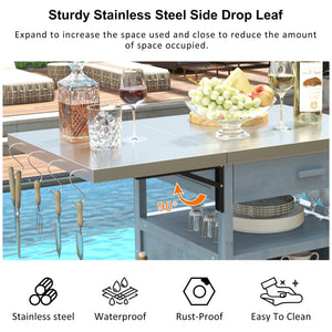 English Elm K&K 40.5" Outdoor Grill Cart with 201 Stainless Top, Solid Fir Storage, Drop Leaf & Lockable Wheels Blue+Grey N707P228272G