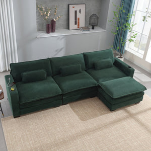 English Elm L Shape Sofa Couch With Usb Ports & Cup Holders, Stylish Green Corduroy 3-Seater & Storage Ottoman W2100S00183