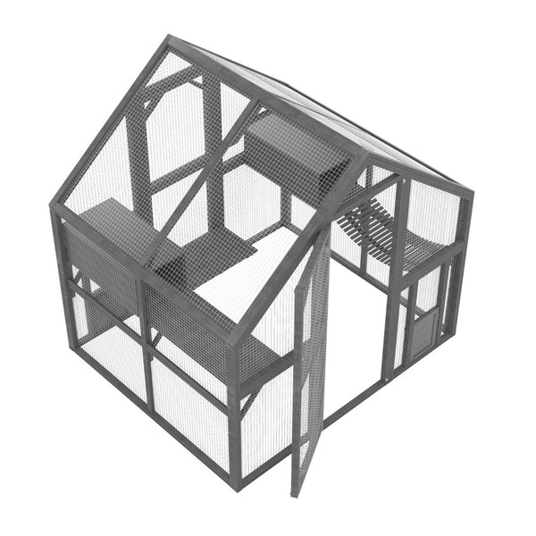 English Elm Cat, Outdoor Wood Enclosure Multi-level Shelter with Platforms Resting Boxes Waterproof Canopy W1598S00039