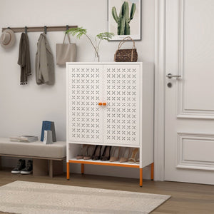 English Elm Modern Entryway Shoe Cabinet with Butterfly Doors Ventilated Shelves Steel Handle W1247P257578
