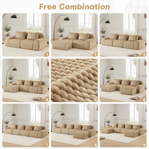 English Elm 114" Modular L-shaped Sectional Flannelette Sofa with Ottoman for Spacious Living Rooms Light Camel W714S01512