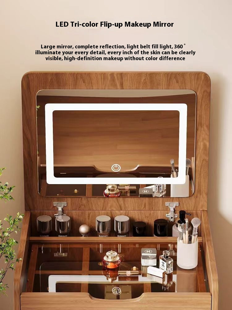English Elm (48cm)(Walnut) 3-in-1 Vanity Desk with Lighted Flip Mirror, Glass Top, 3 Drawers & Stool, Compact Elegance W2641P305275