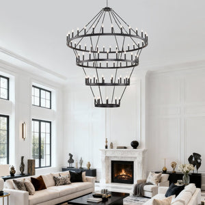 English Elm 69.3 Inch Four Tier Wagon Wheel Chandelier Matte Black Metal 80 Light Farmhouse Foyer W5008P392692