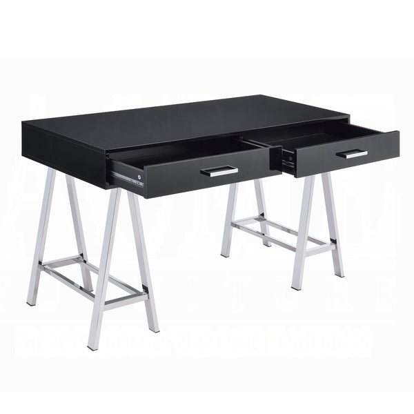 English Elm Black High Gloss Writing Desk With Chrome Accents – Modern 2-Drawer Home Office Centerpiece B062P209202