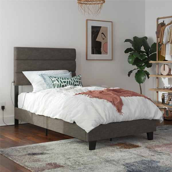 English Elm Paloma Linen Upholstered Bed Channel Tufted Headboard with Built-in Dual Usb Ports B2733P445252
