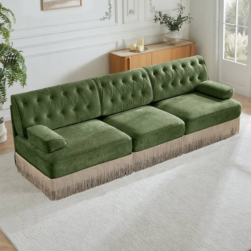 English Elm 3-seater Velvet Tufted Sofa with Tassel Fringe Skirt French Luxe Living Room Seating Green W714S01705