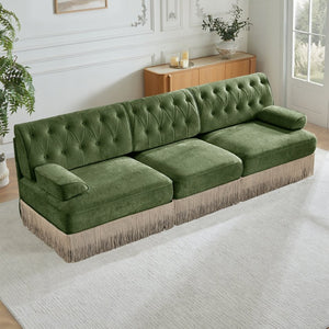 English Elm 3-seater Velvet Tufted Sofa with Tassel Fringe Skirt French Luxe Living Room Seating Green W714S01705