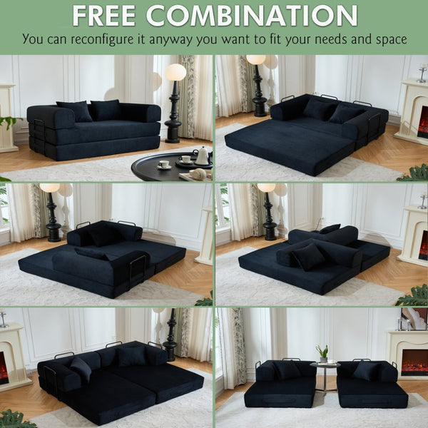 English Elm 59'' Corduroy Floor Sofa Convertible Sleeper with Bolster Pillow for Studio Living Black W3434P449858