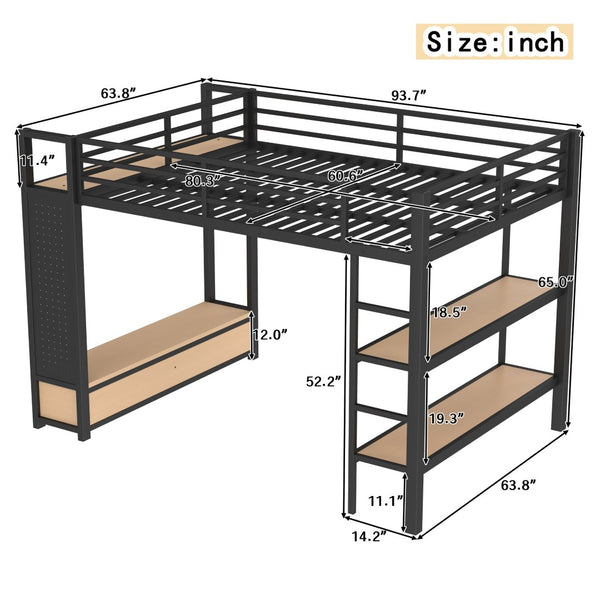 English Elm Queen Loft Bed Frame With Wardrobe & Shelves - Modern Metal Design For Space-Saving Storage & Work W1580S00233-GIGA
