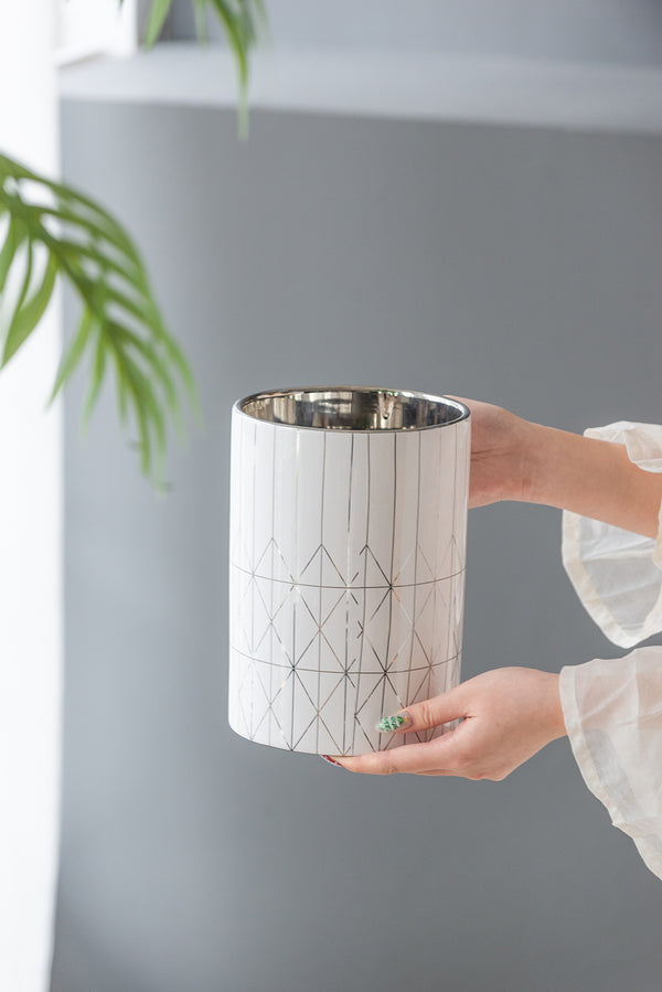 English Elm D6.3x8.7" Ceramic Planter — Tall Geometric Cylindrical Pot for Indoor Plants, Textured Modern Decor Accent W2078P391146