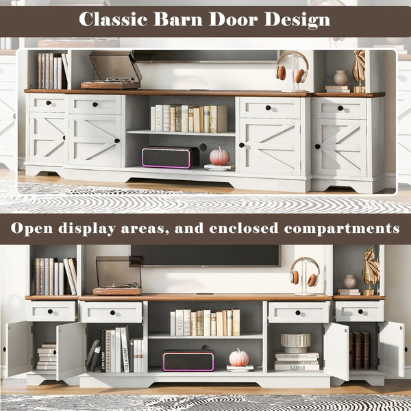English Elm U-can Farmhouse Wall Unit with Barn Doors Built-in Power Outlets and Open Shelving White+Walnut SJ000154AAK