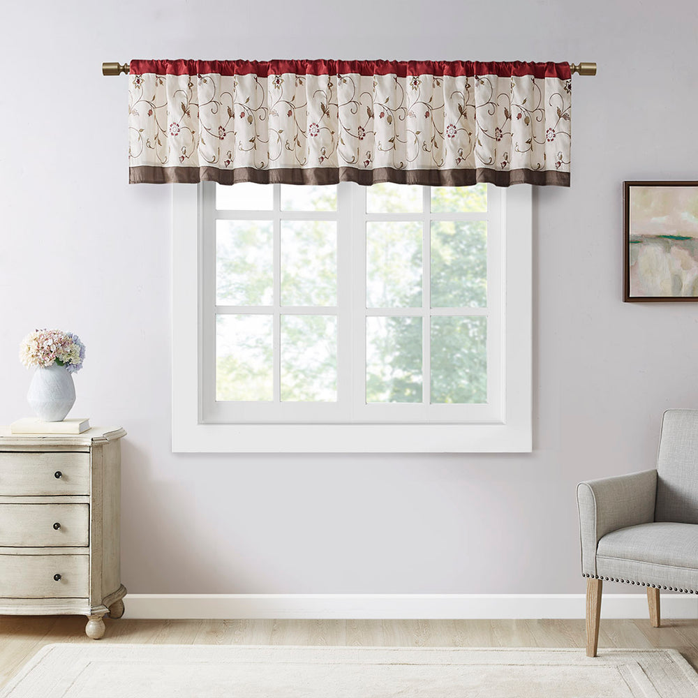 JLA Home Madison Park - Embroidered Window Valance with Floral Stitching, Lined Pleated Design Filters Light for Elegance Red MP41-1532