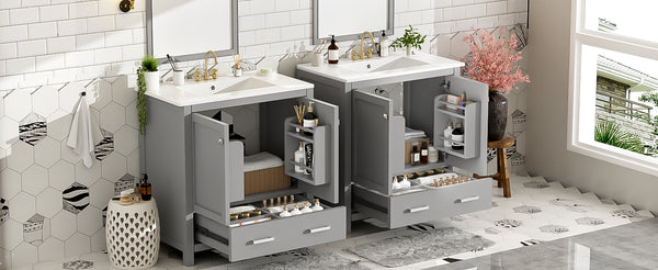 English Elm 60" Grey Bathroom Vanity Set with Double Sinks, Solid Wood, Soft-Close Doors, Divided Drawers & Storage Shelves for Spacious Modern Baths N729P000001E