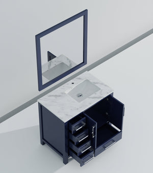 English Elm Navy Blue Bath Vanity With Right Offset Carrara Marble Top & Matching Mirror For Elegant Storage B2731S00692