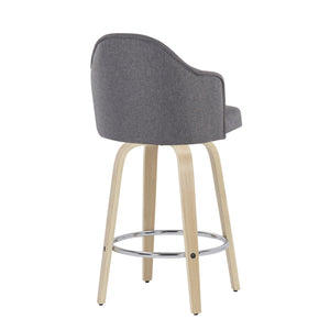 English Elm Ahoy Mid-Century Modern Counter Stool Set Of 2 With Grey Fabric, Natural Wood Legs & Chrome Footrest B202S00169