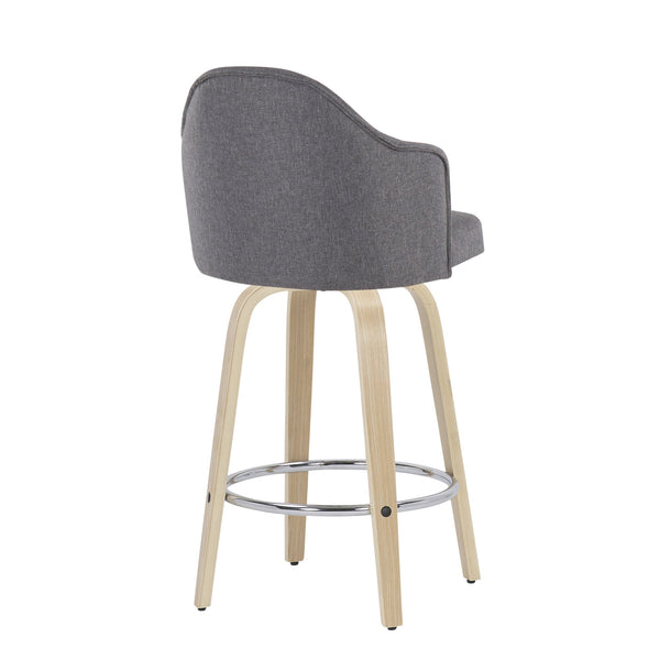 English Elm Ahoy Mid-Century Modern Counter Stool Set Of 2 With Grey Fabric, Natural Wood Legs & Chrome Footrest B202S00169