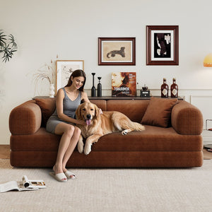 English Elm 78.8" Compression Sofa Convertible Floor Bed with Corduroy Fabric, No-Assembly Modular Futon, Supportive Backrest and Armrests Brown W2824P373434